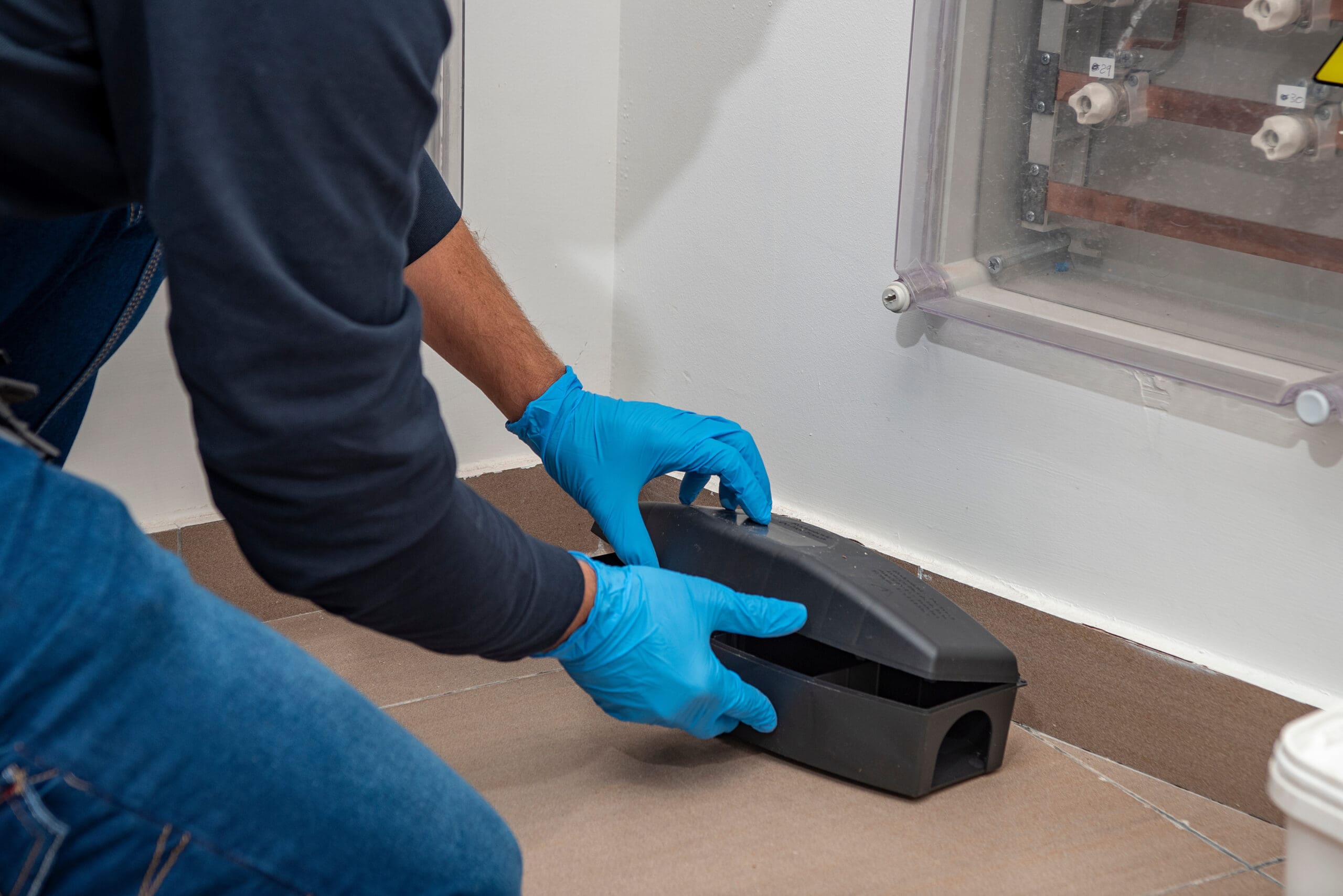 Professional preparing trap for rats, mice, for pest control in